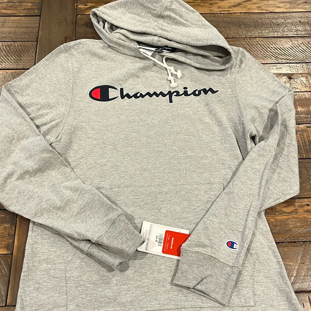 NWT Champion gray long sleeve hooded Tshirt size M
